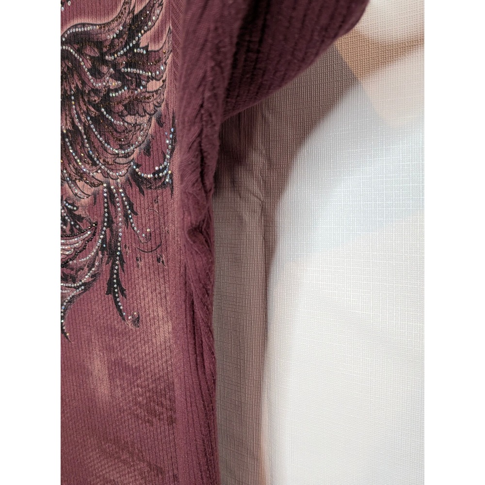 Harley-Davidson Womens Burgundy Rhinestone Winged Skull Lace Up Back L/S Shirt - Picture 14 of 15